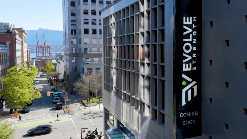Downtown Vancouver street view showing the Evolve Strength building at 658 Homer Street, home to the new Couve Health Performance Lab.
