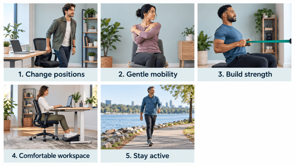 The Hunchback Progression: Can a Rounded Upper Back Get Worse? 2 Five ways to support upper-back movement and strength: position changes, gentle mobility, strengthening, workspace comfort, and walking