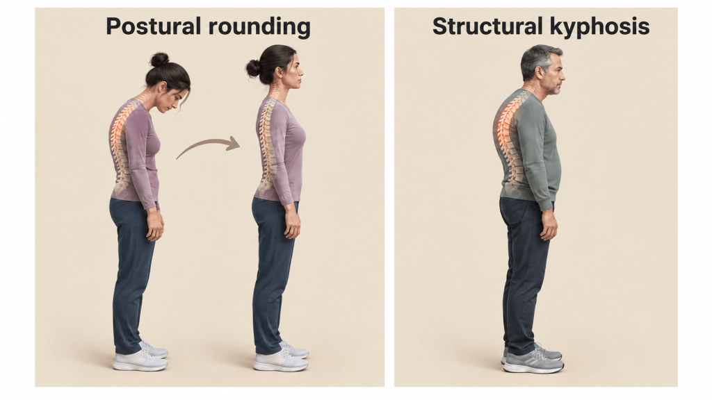 The Hunchback Progression: Can a Rounded Upper Back Get Worse? 1 Illustration comparing flexible postural rounding with a more pronounced upper-back curve