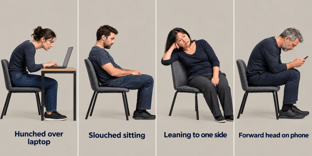 Sitting and Back Pain: 7 Practical Ways to Feel Better 1 Common-Slouched-Sitting-Postures