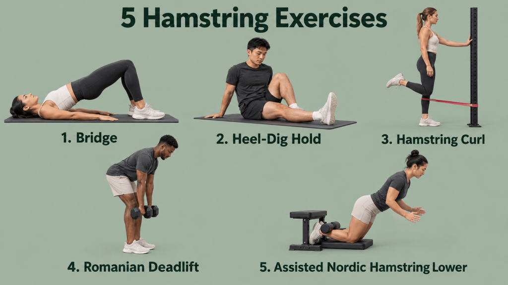 Five hamstring exercises: bridge, heel-dig hold, hamstring curl, Romanian deadlift, and assisted Nordic lower