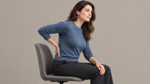 Office worker adjusting her position while experiencing sitting and back pain