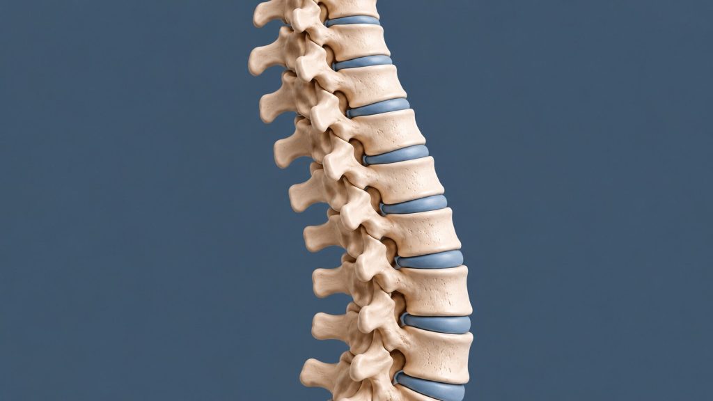 Close-up anatomical illustration of spinal vertebrae and discs